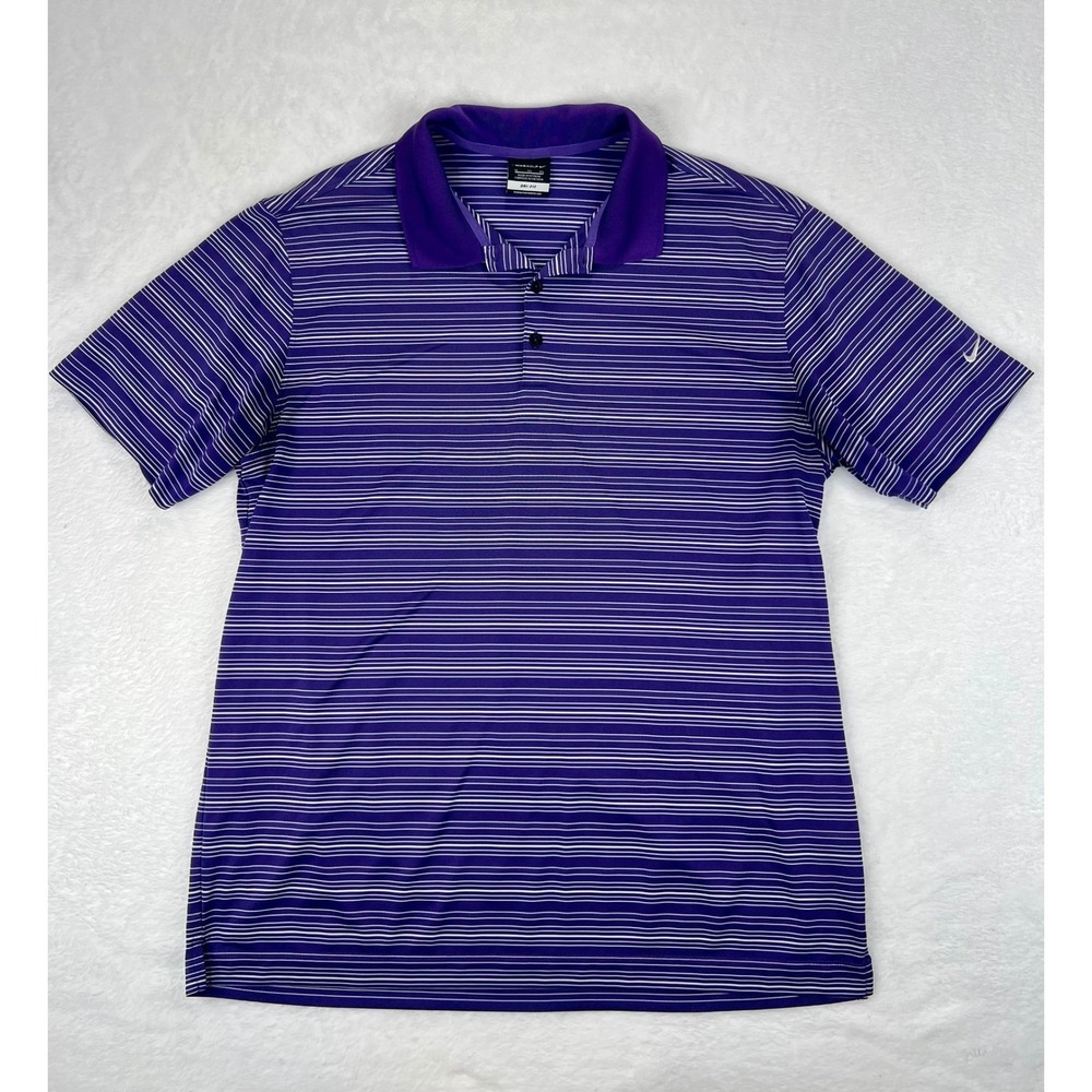 Nike Golf Dri Fit Mens XL Purple White Stripe‎ Polo Shirt Golf Athletic